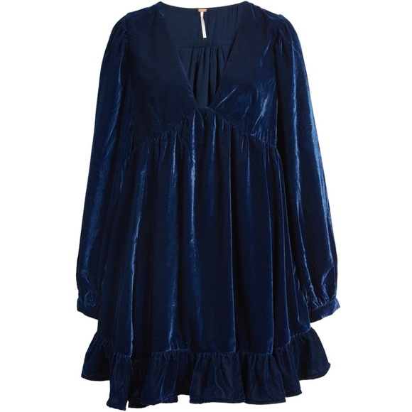 FREE PEOPLE Estella Velvet Mini Dress in Navy Blue - Picture 2 of 13
